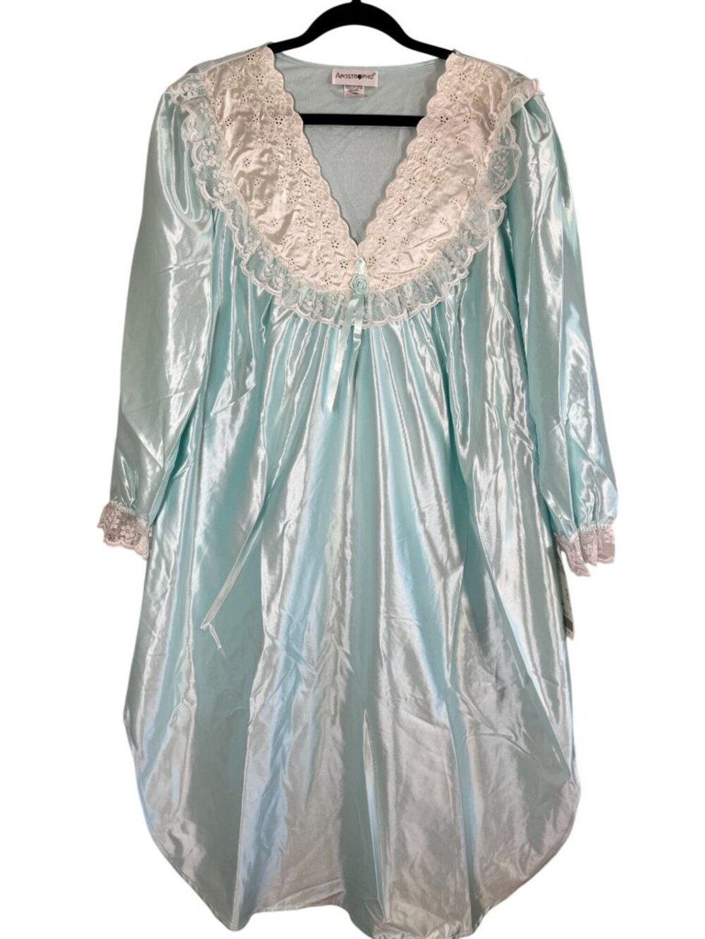 Vintage Satin Floral Nightgown Blue 12 Eyelet Ruffle 1980s Victorian Revival‎